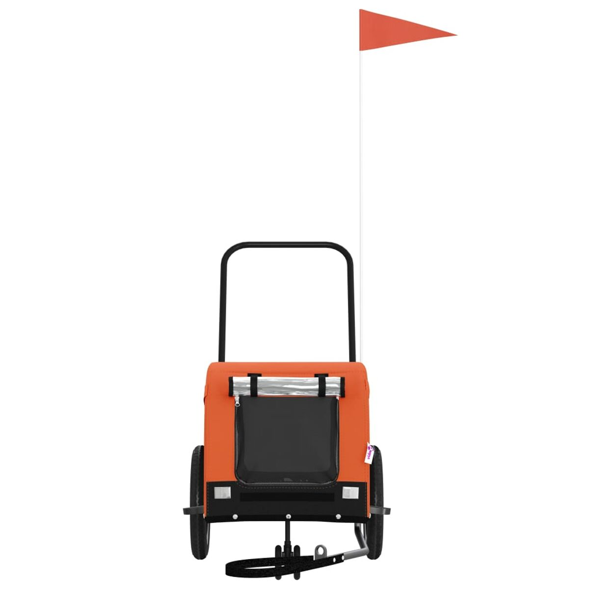 Orange Anhänger mit schwarzem Griff, Fenster und roter Fahne.