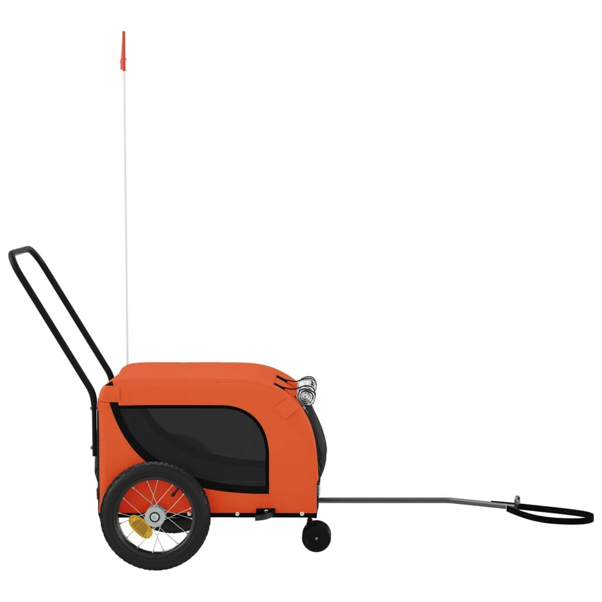 Ein orangefarbener Fahrradanhänger für Haustiere mit schwarzem Stoff, einem Rad und einer Fahne.