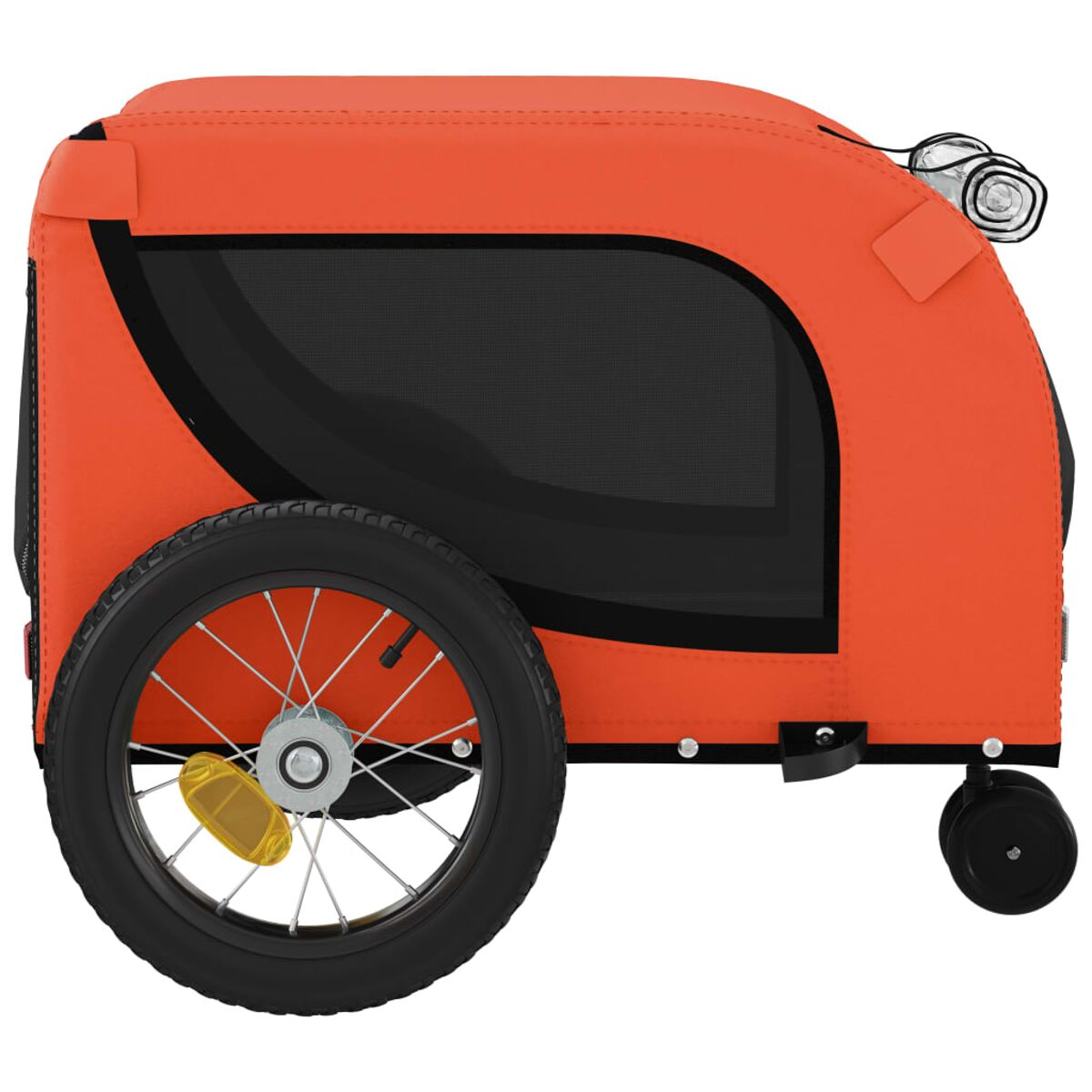 Orange Anhänger mit schwarzem Netzfenster und zwei Rädern, einem großen und einem kleinen.