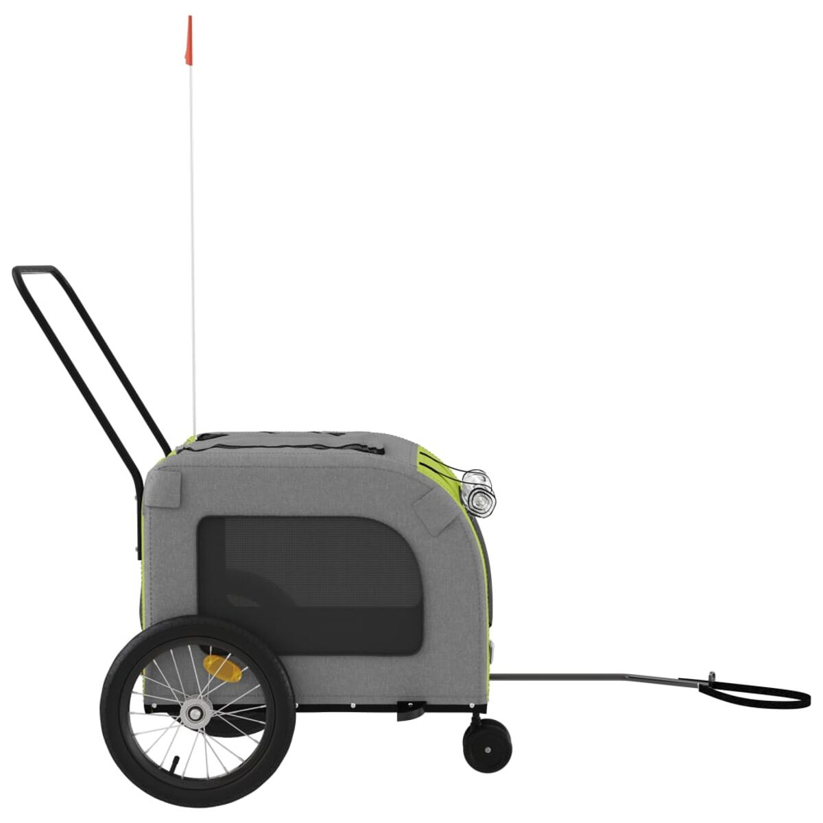 Grauer Hundefahrradanhänger mit einem Rad vorne und einem hinten.