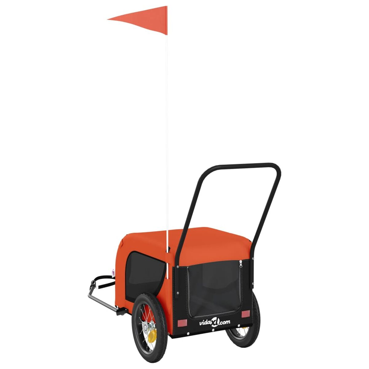 Ein orangefarbener Anhänger mit schwarzem Griff, zwei Rädern und einer Flagge.