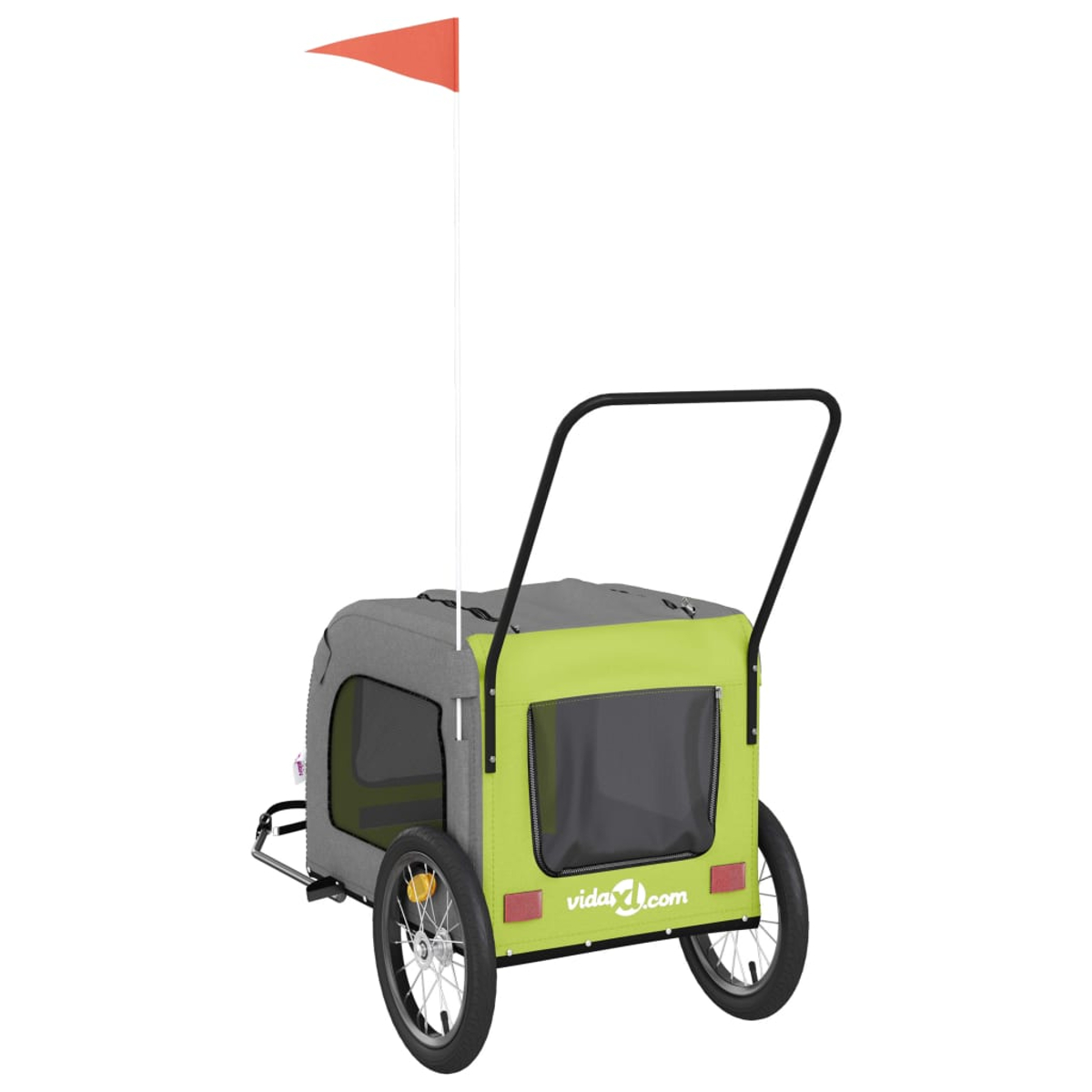 Ein grüner und grauer Kinderwagen mit zwei Rädern und einer orangefarbenen Flagge oben.