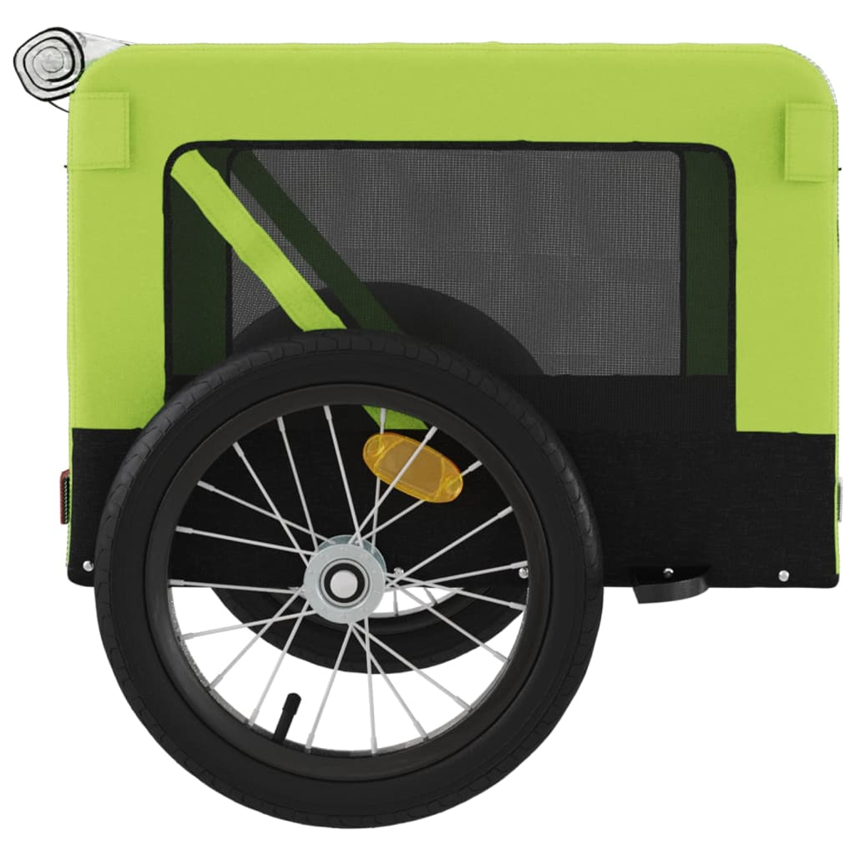 Ein leuchtgrüner Kinderanhänger mit schwarzem Stoff und einem Rad.