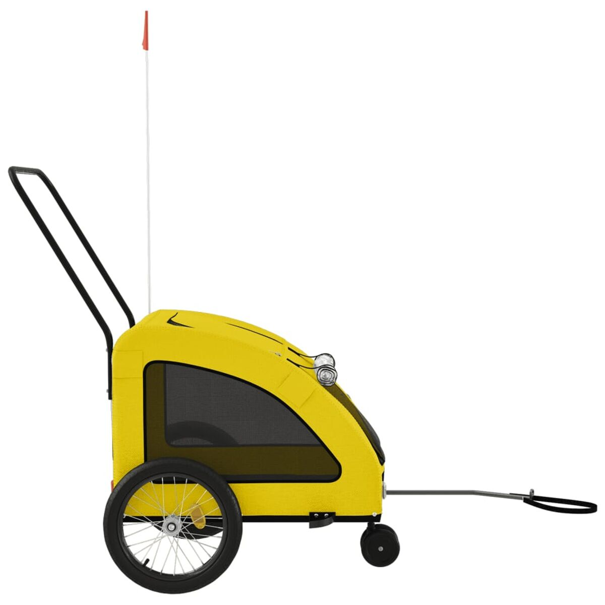 Gelber Kinderwagen mit schwarzem Griff, Netzfenster und Sicherheitswimpel.