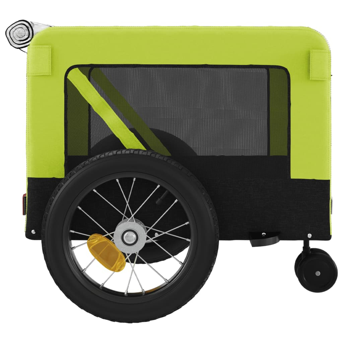 Ein neongrüner Kinderwagen mit schwarzem Netzfenster und einem Rad.