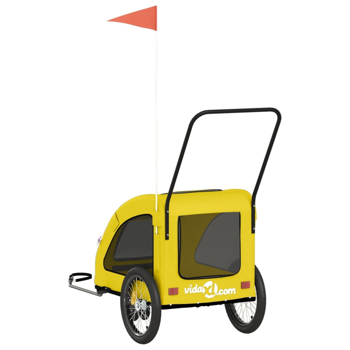 Ein gelber Fahrradanhänger mit zwei Rädern, einem Griff und einer orangen Flagge.