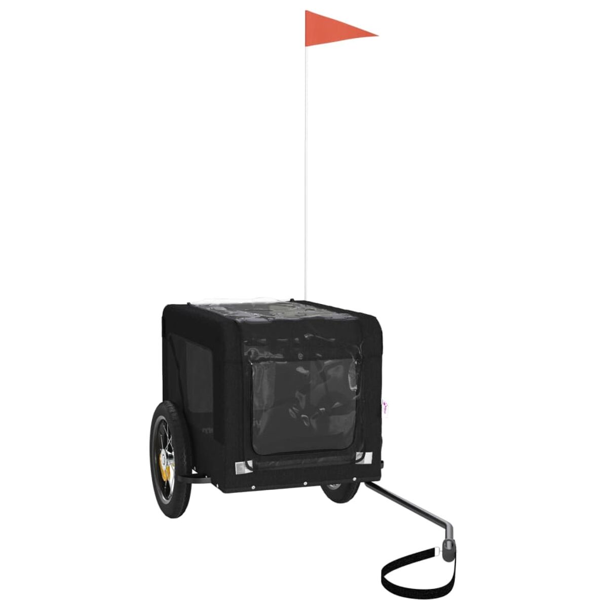 Schwarzer Fahrradanhänger mit transparenten Fenstern und orangem Fähnchen.