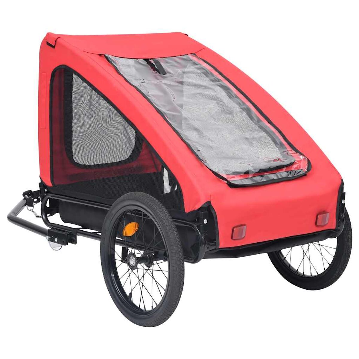 Ein roter Fahrradanhänger mit Netzfenstern und transparentem Verdeck. Zwei Räder sind sichtbar.