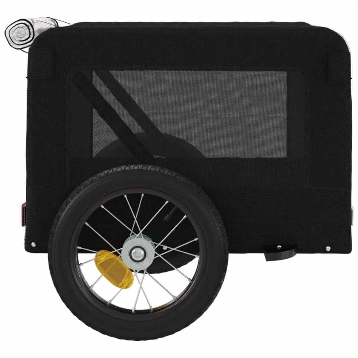 Schwarzer Fahrradanhänger mit einem Rad und Netzfenster.