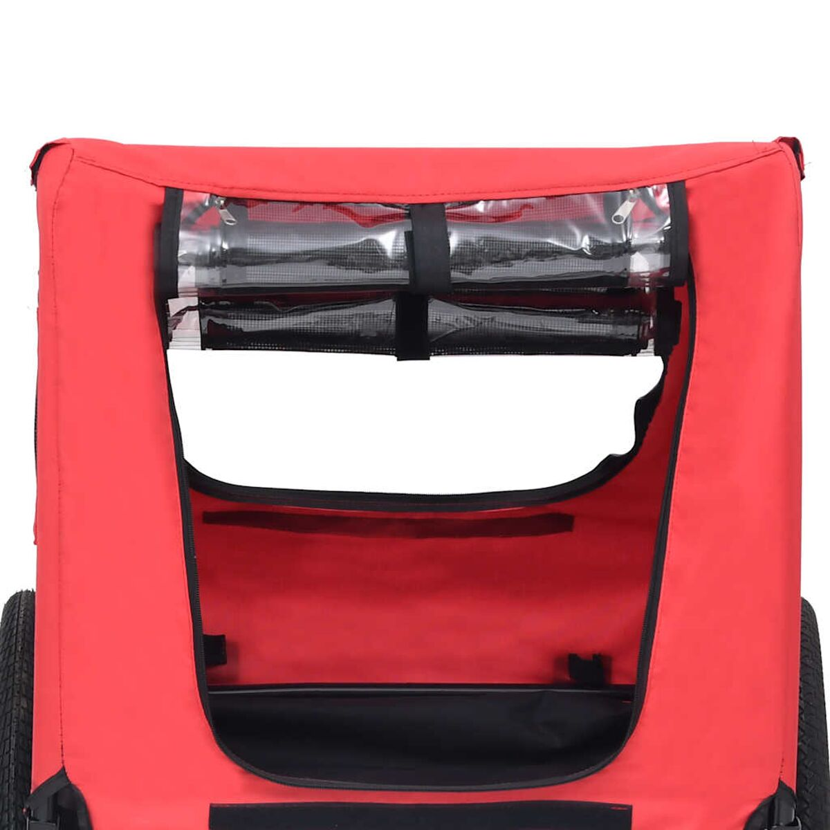 Roter Hundewagen mit offenem Eingang und durchsichtigem Fenster oben.