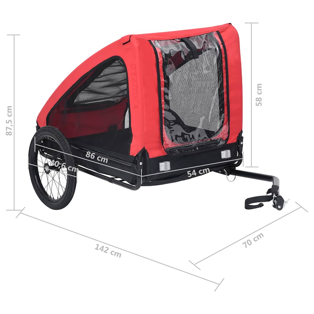 Roter Fahrradanhänger mit einem Rad, Fenstern und Maangaben.