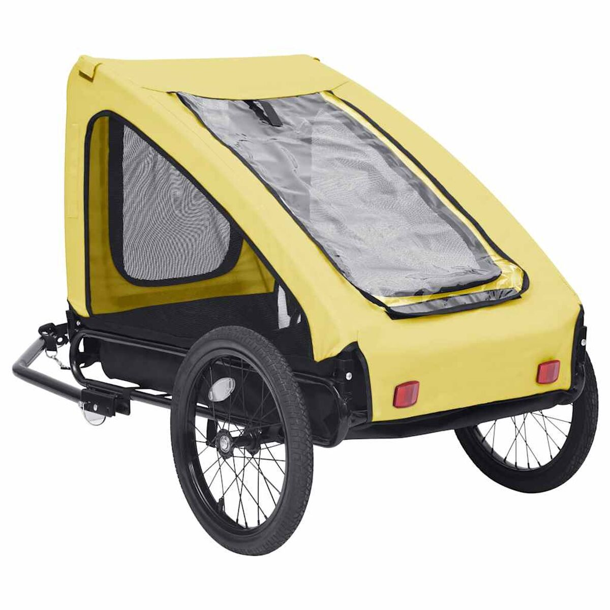 Gelber Fahrradanhänger mit zwei Rädern und Fenstern.