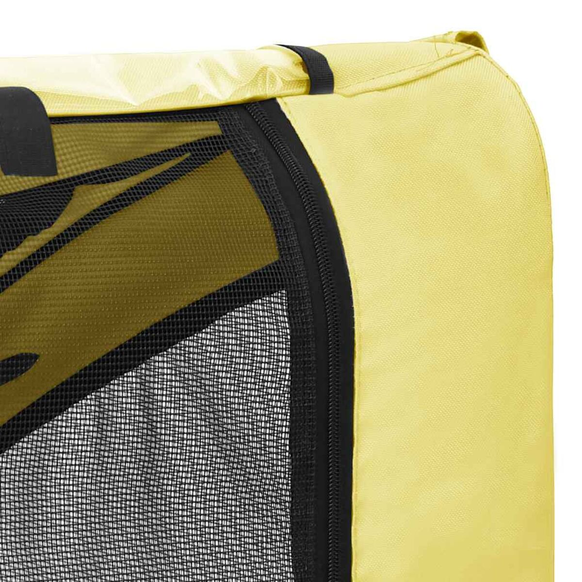 Gelbe Stofftasche mit schwarzem Netzfenster und Reißverschluss.
