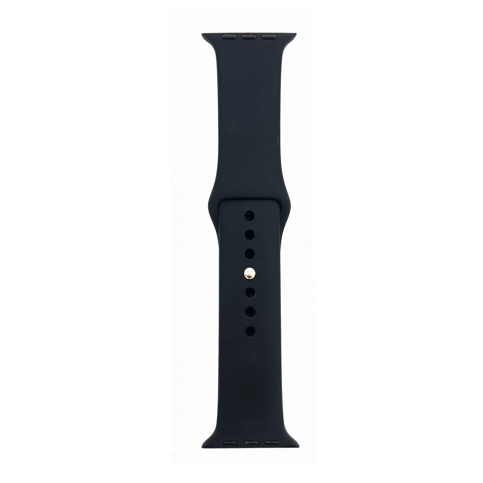 Dunkelblaues Armband mit Löchern und einem goldenen Stift.