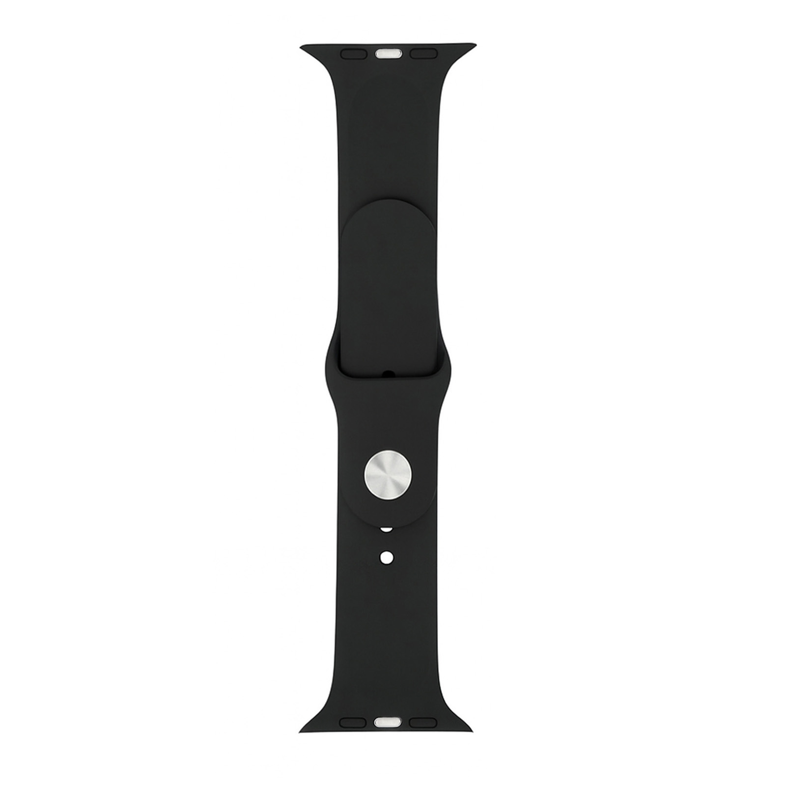 Schwarzes Uhrenarmband mit silbernem Knopf und Ausschnitten.