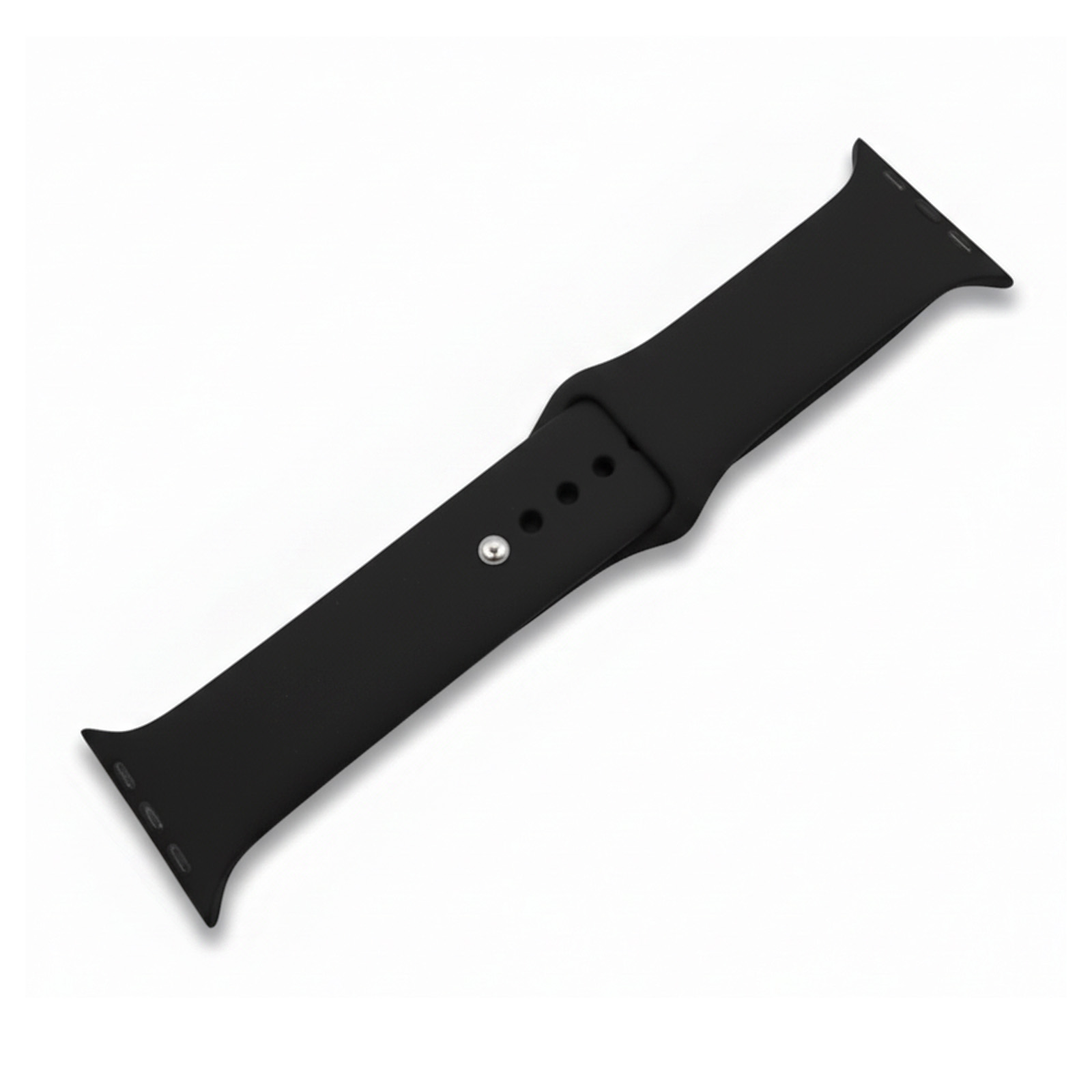 Schwarzes Uhrenarmband aus Gummi mit Dornschließe und Lochmuster.