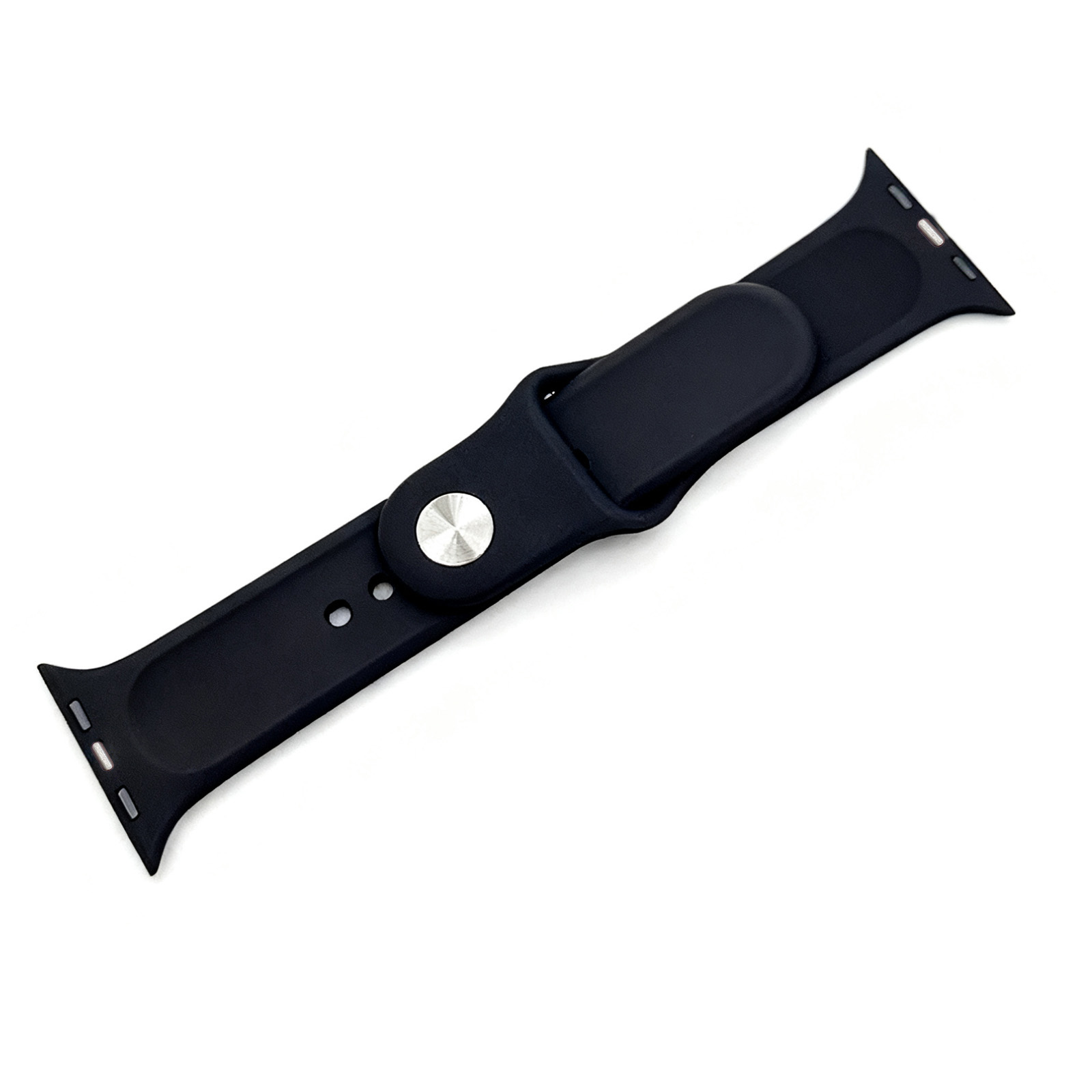 Ein schwarzes Uhrenarmband aus Gummi mit silbernem Knopf.