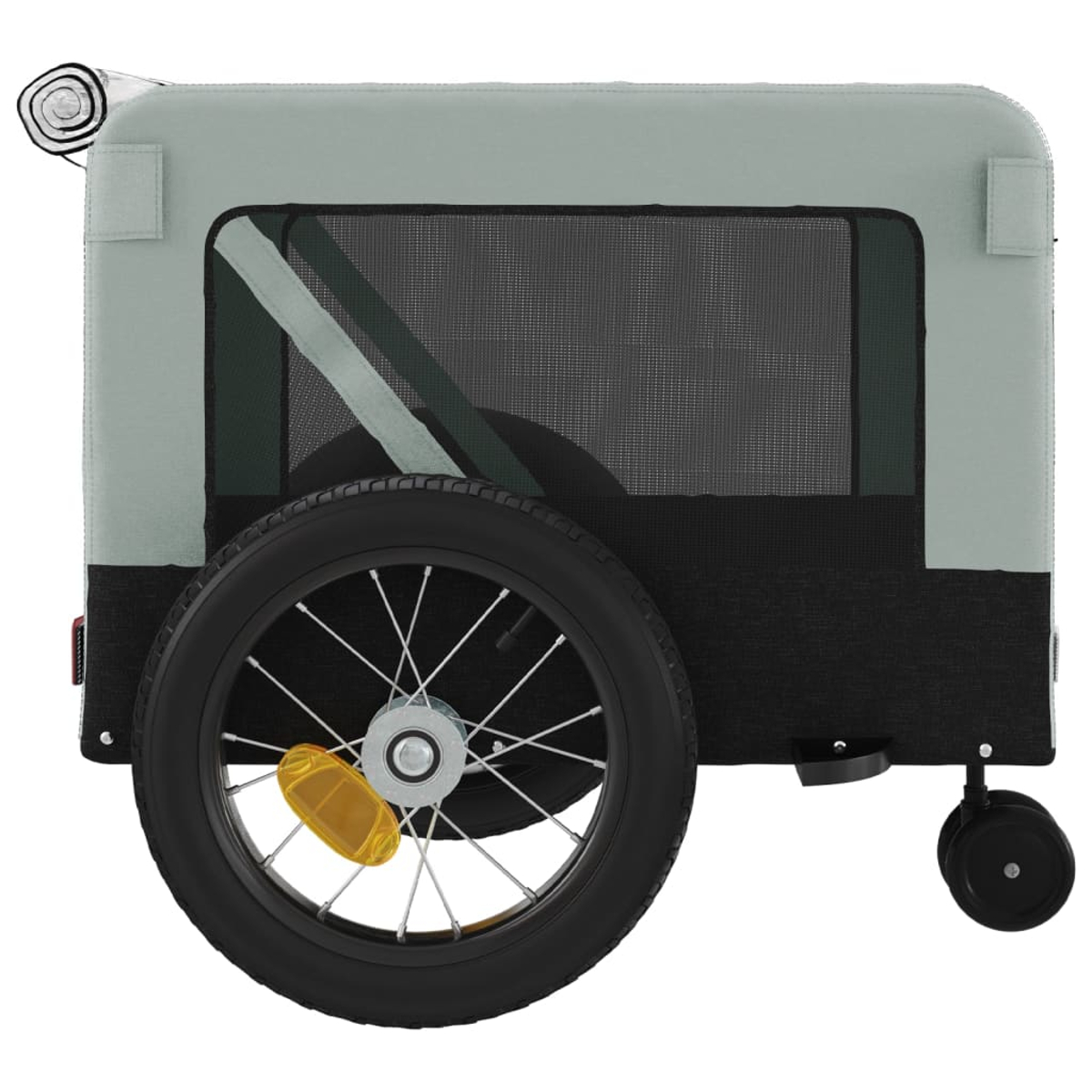 Ein grauer Kinderwagen mit einem Rad, einem Fenster und einem kleinen Stützrad.