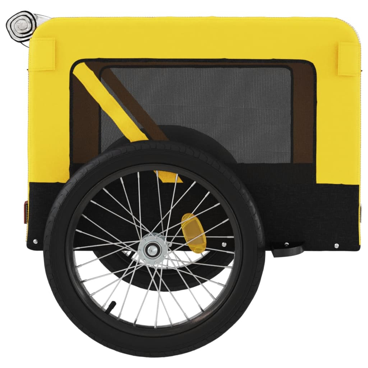 Ein gelber Fahrradanhänger mit schwarzem Boden und einem Rad.