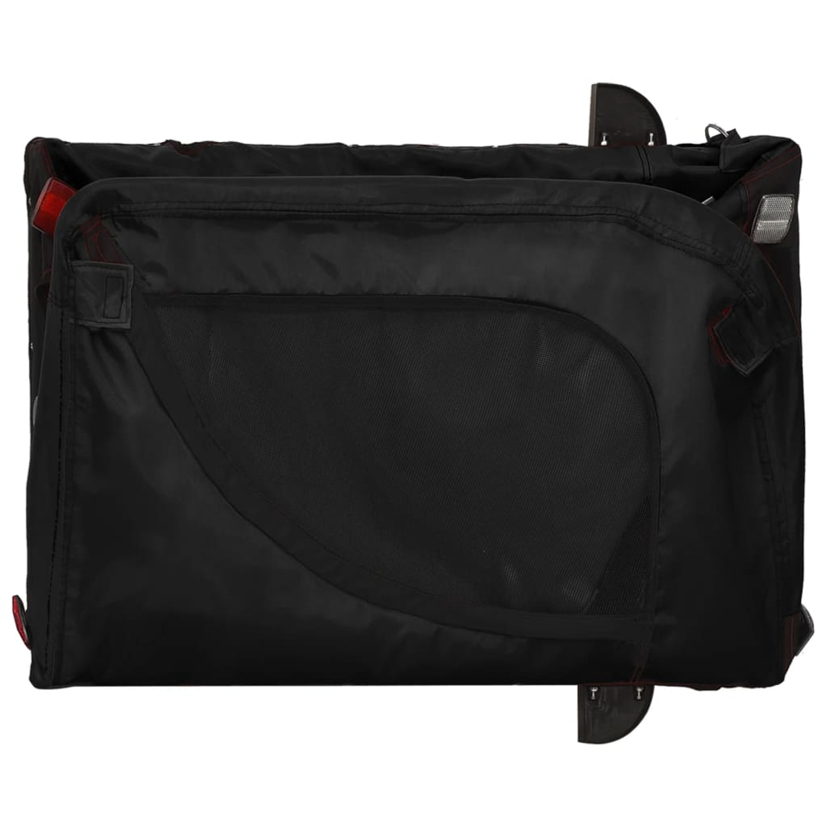 Schwarze Stofftasche mit Netzfenster und roten Nähten, geschlossen.