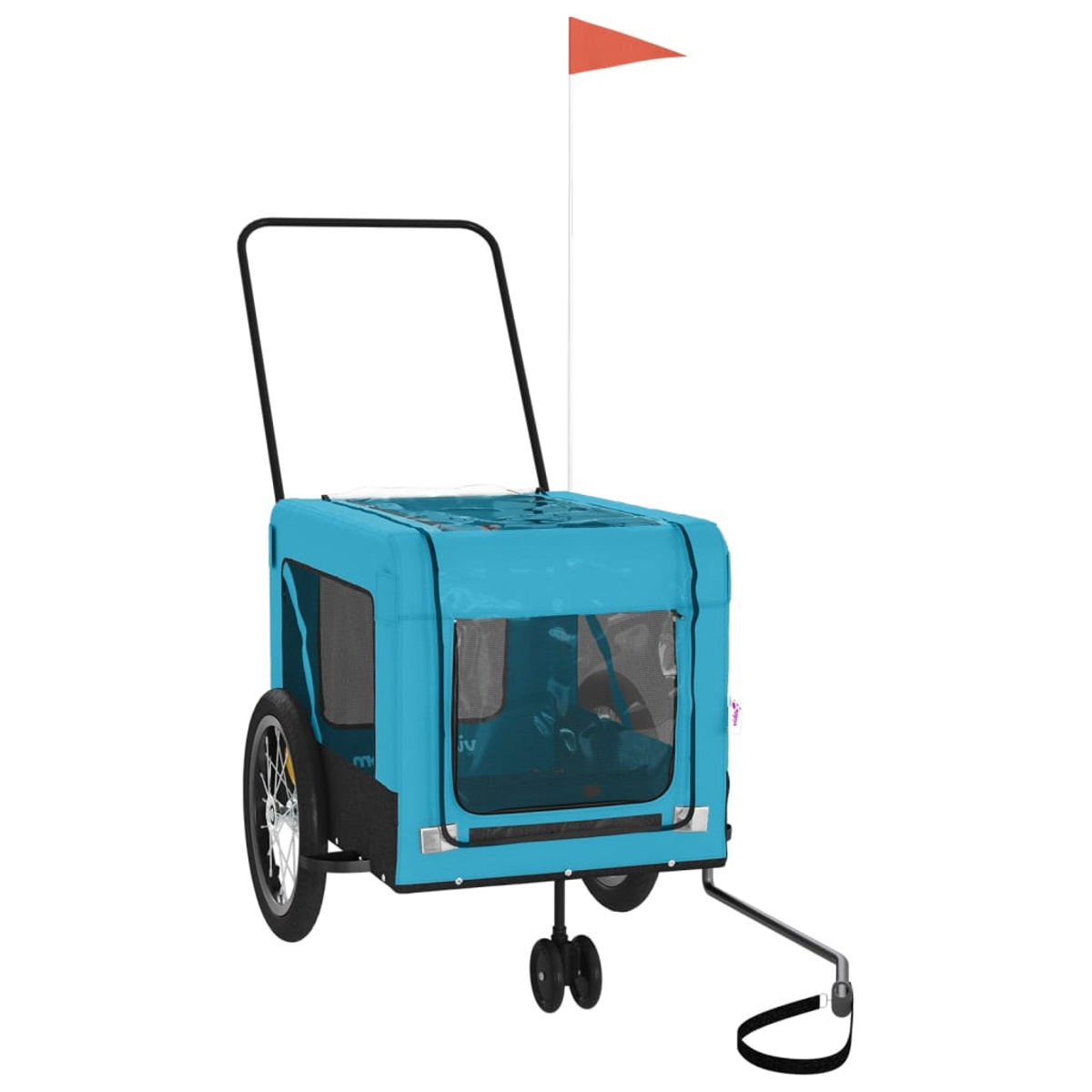 Ein blauer Fahrradanhänger für Haustiere mit zwei Rädern, einer Deichsel und einer orangefarbenen Flagge.