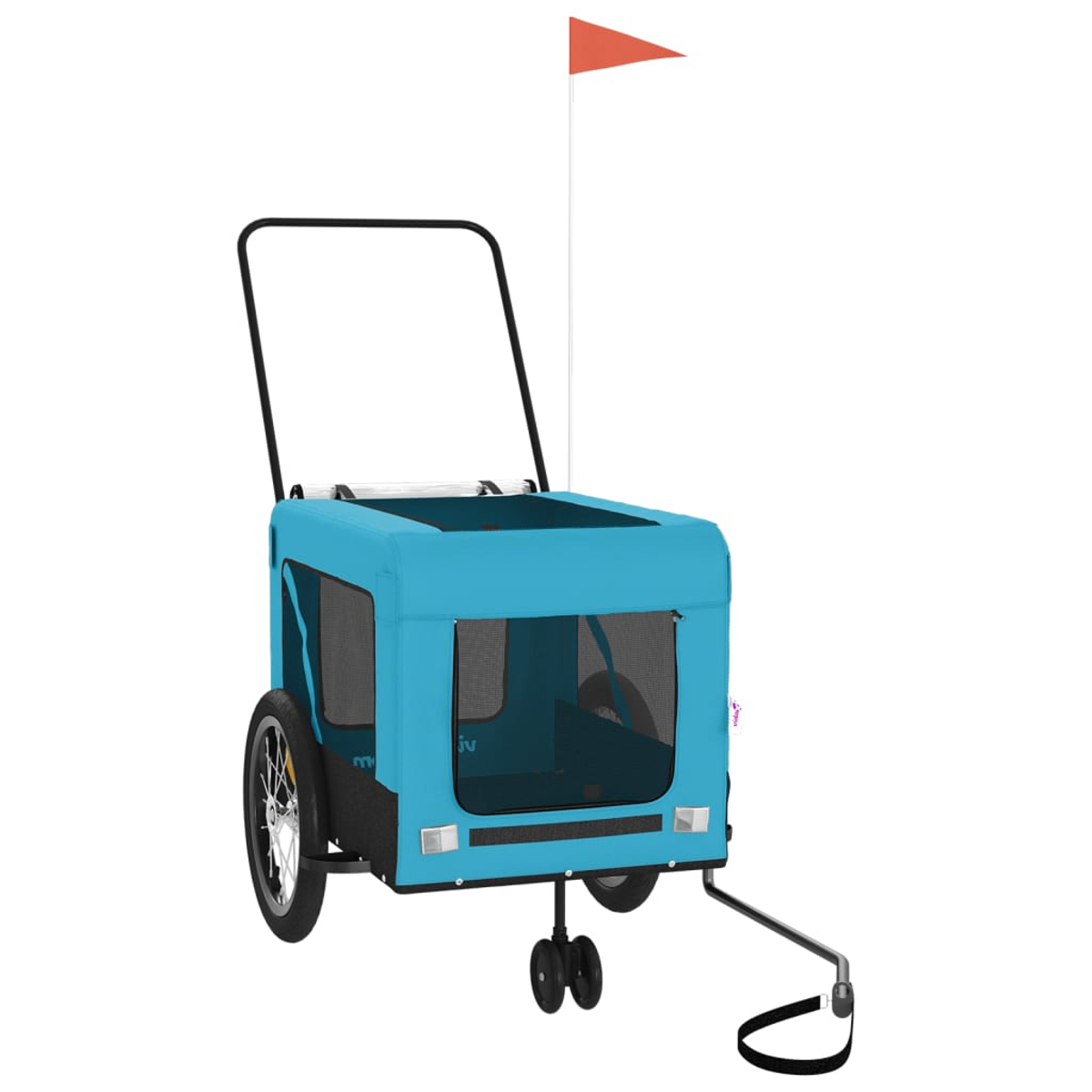 Ein blauer Hundefahrradanhänger mit Netzfenstern, einer orangefarbenen Fahne und zwei Rädern.