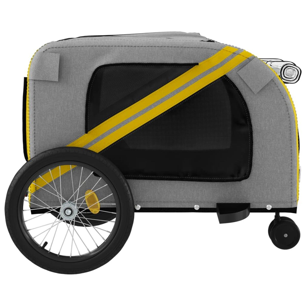 Grauer Kinderwagen mit gelben Streifen und Netzfenstern, auf Rädern.