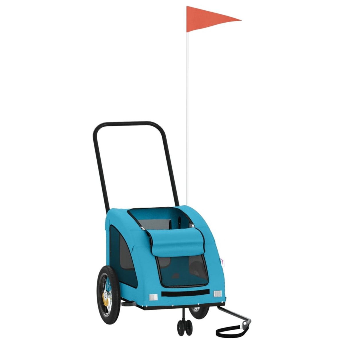 Ein blauer Fahrradanhänger für Haustiere mit einem orangefarbenen Wimpel auf einem weißen Mast.