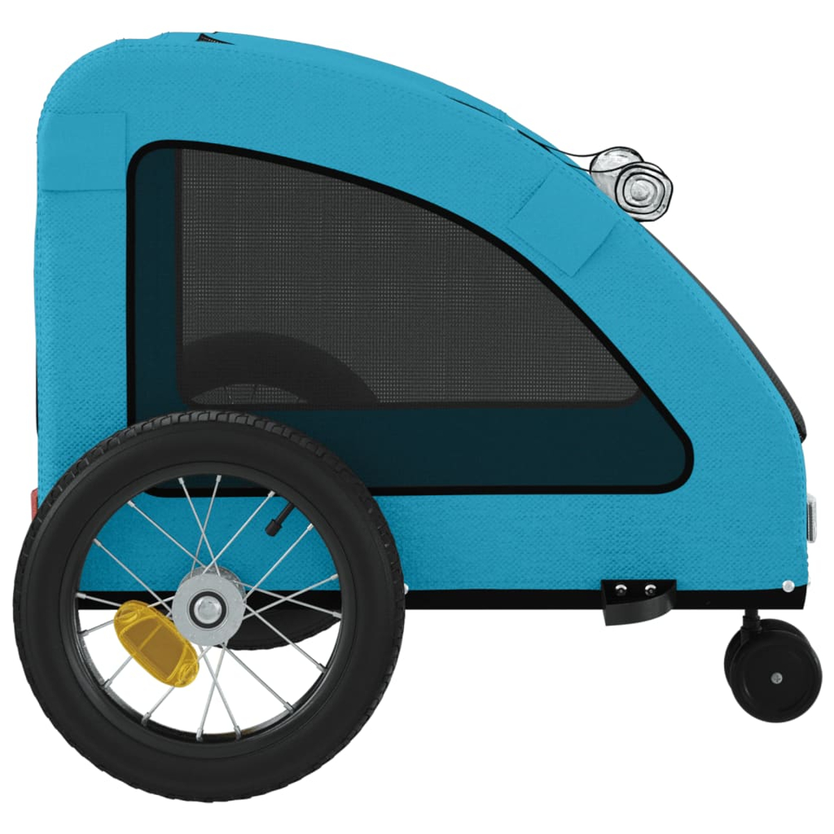 Ein blauer Kinderwagen-Anhänger mit einem großen Netzfenster und einem Rad.