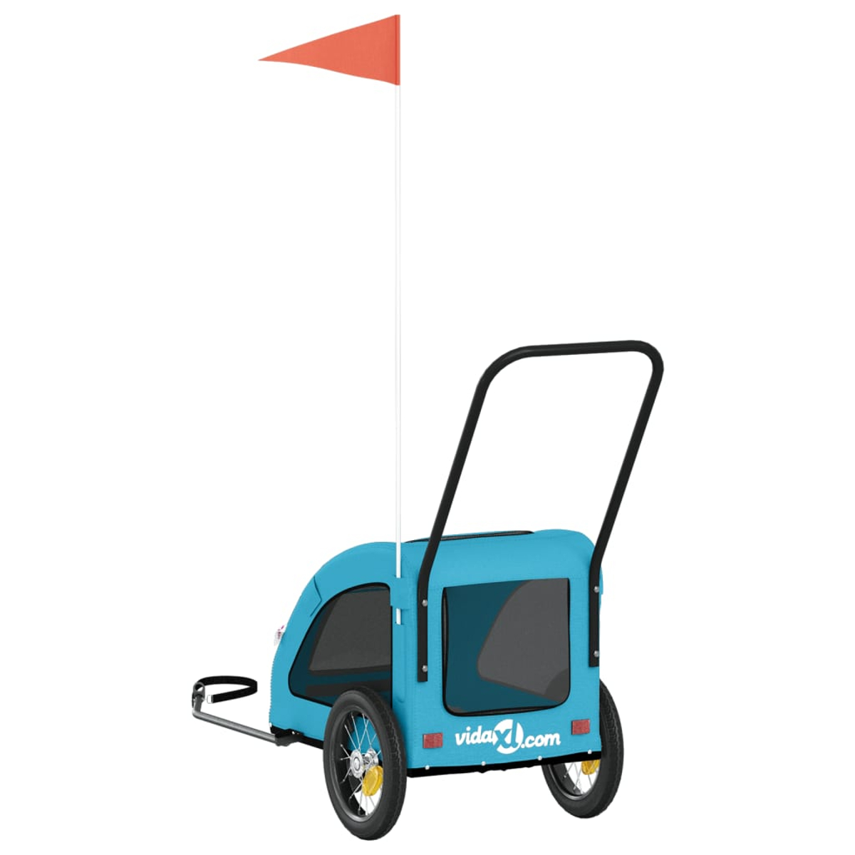 Ein blauer Fahrradanhänger mit zwei Rädern, Griff und orangefarbener Flagge.