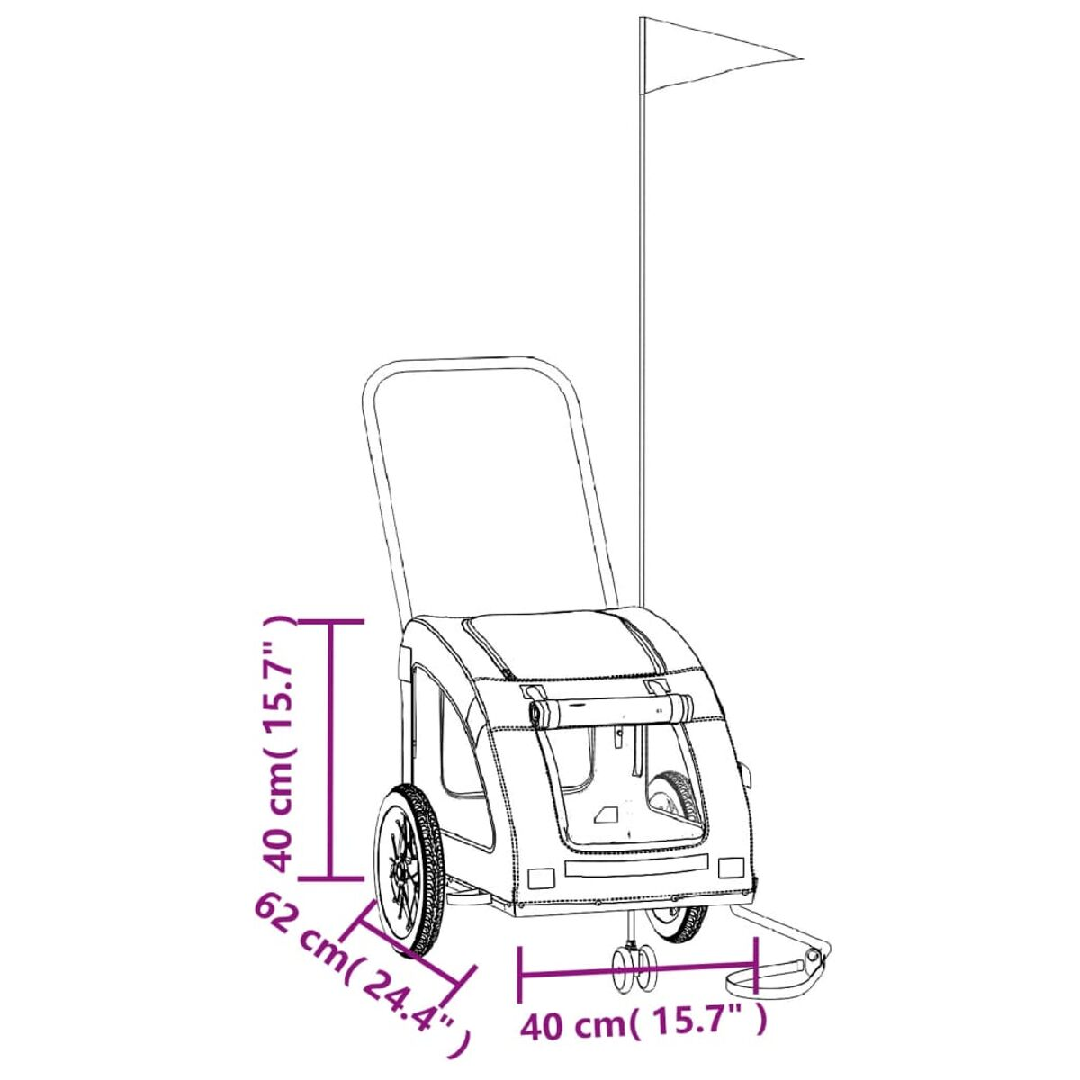 Ein Kinderwagen mit Fahnenmast, Rädern und Maßen.