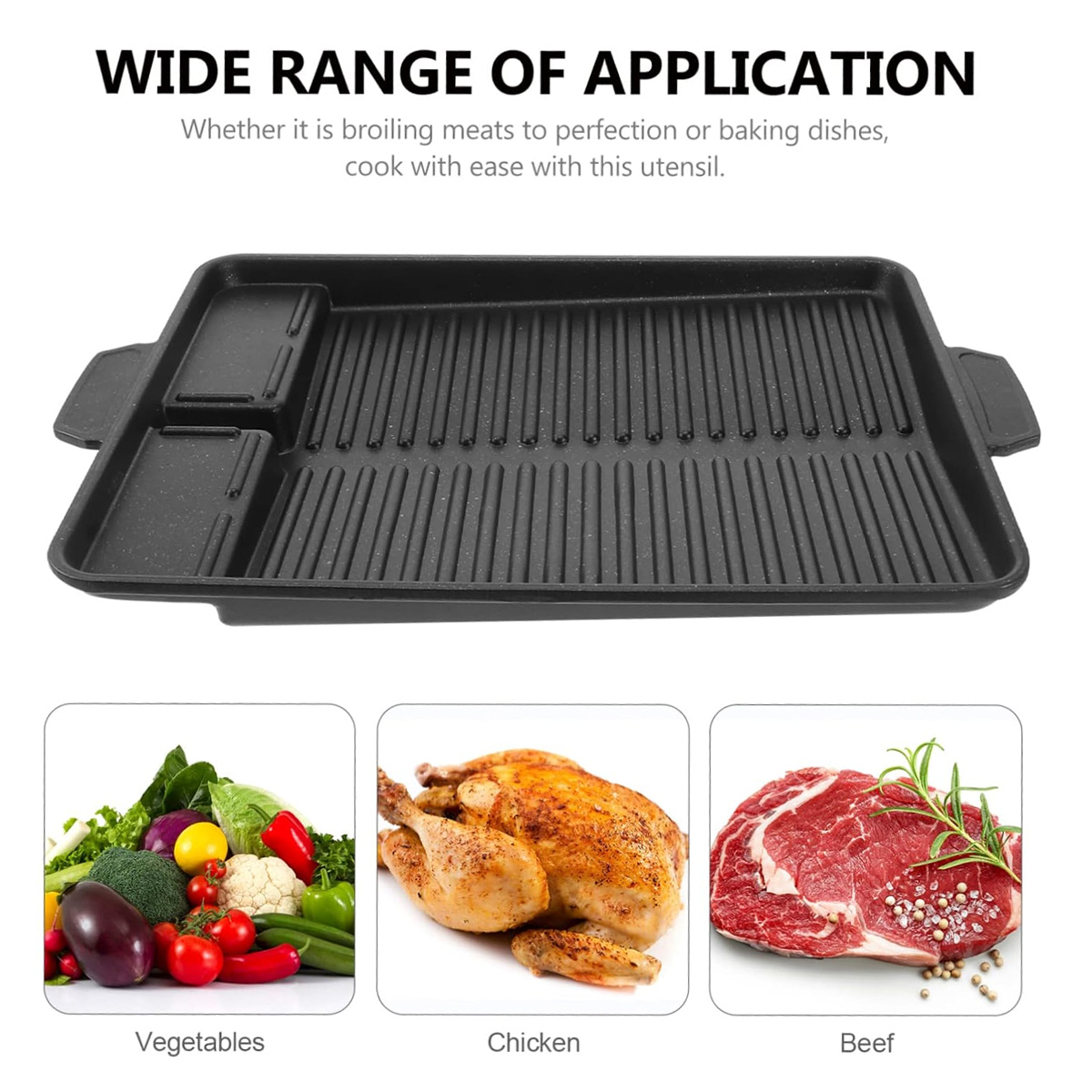 Grillplatte mit Gemüse, Huhn und Rindfleisch. Text über Anwendung.