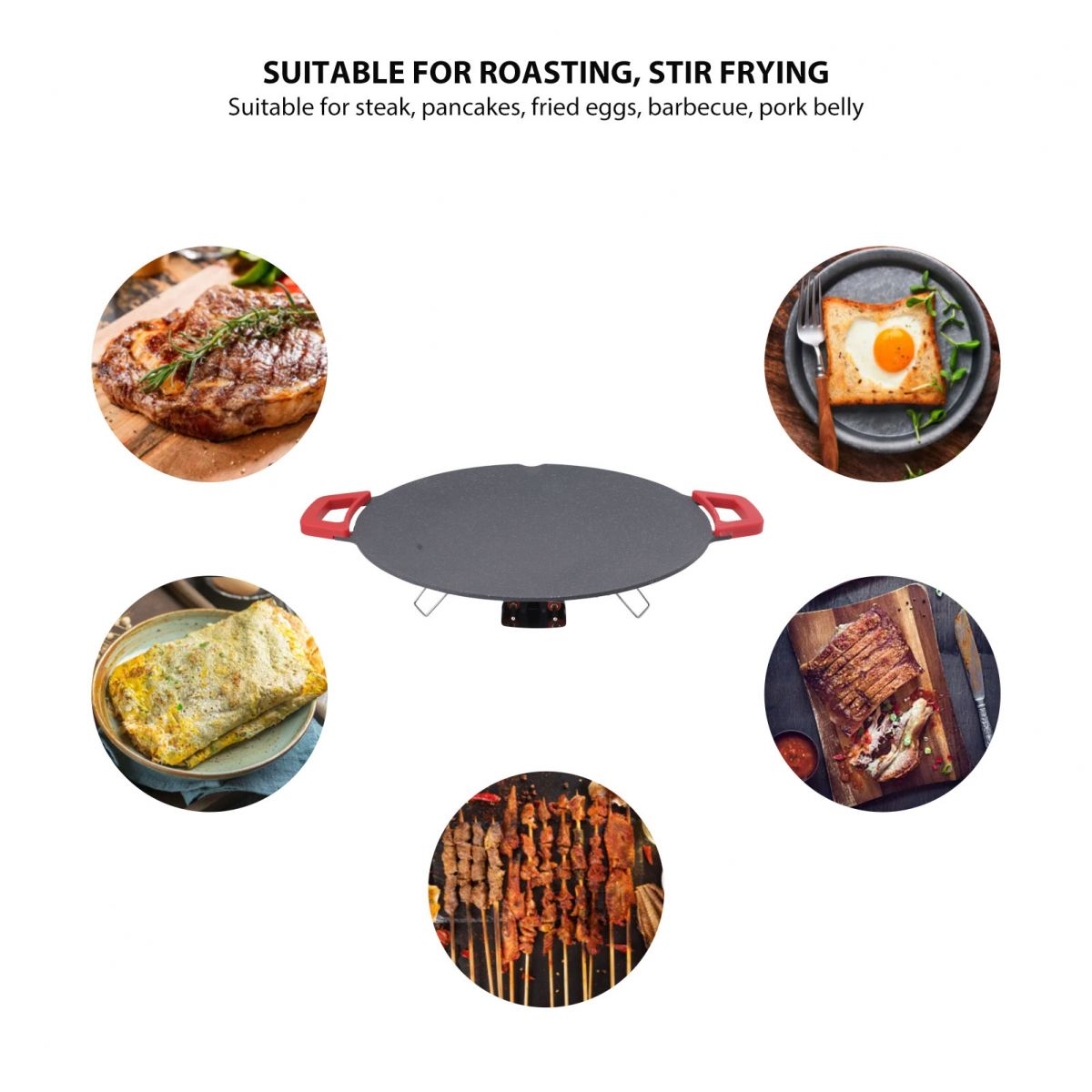 Ein flacher Grill mit roten Griffen, umgeben von Bildern von Steak, Ei im Toast, Rippchen, Spießen und Omelett.