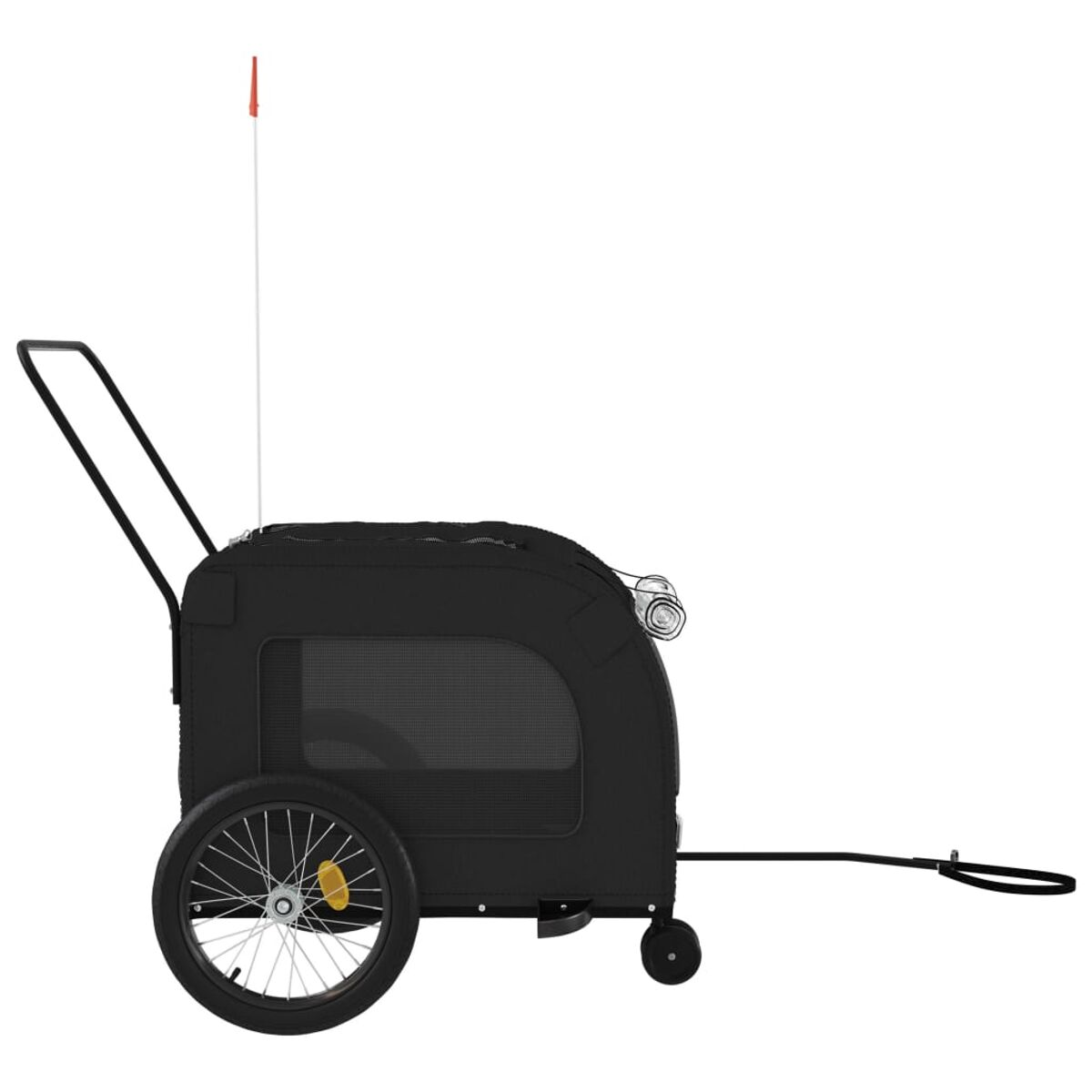 Schwarzer Kinderwagen mit einem Rad vorne und zwei hinten. Mit Sicherheitsflagge.