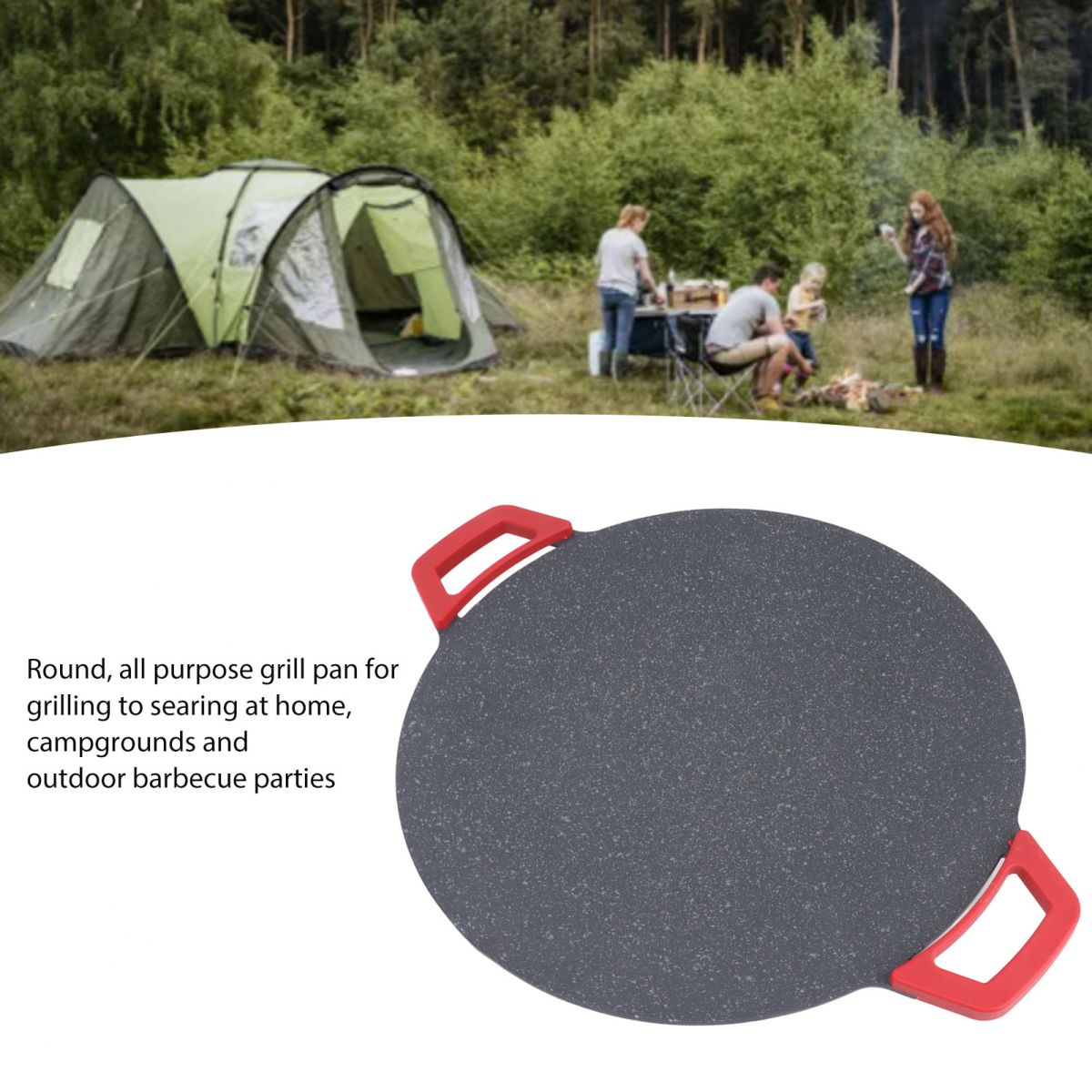 Runde Grillpfanne mit roten Griffen, Camping-Szene im Hintergrund.