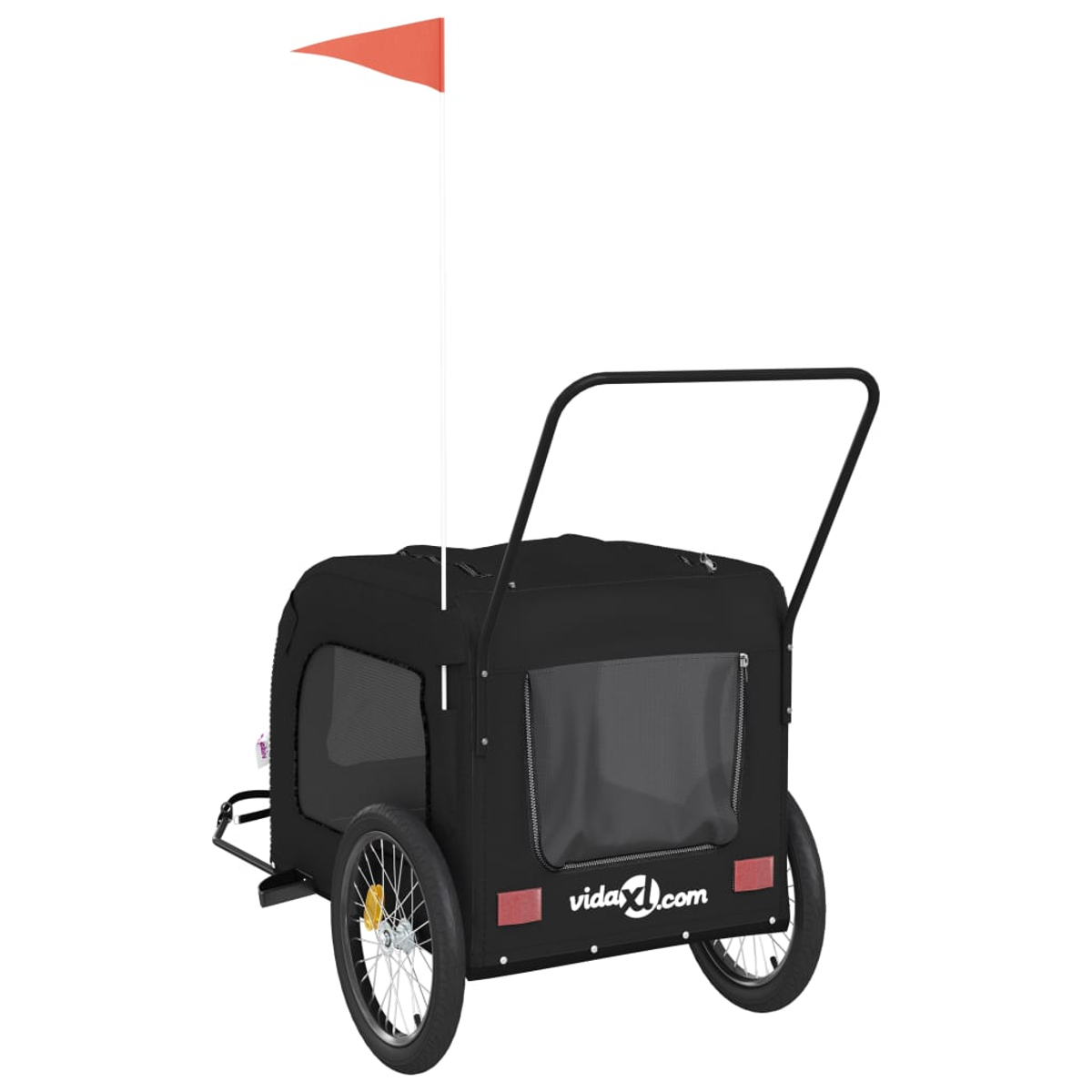 Schwarzer Fahrradanhänger für Haustiere mit Netzfenstern und orangefarbener Flagge.