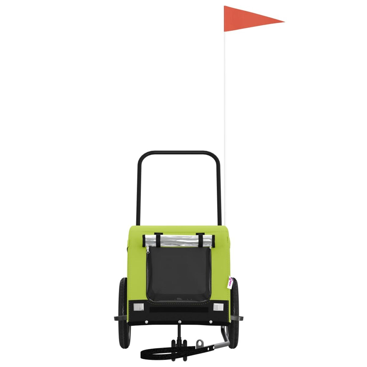 Ein hellgrüner Kinderwagen mit schwarzem Rahmen, Rädern und einem orangen Fähnchen.