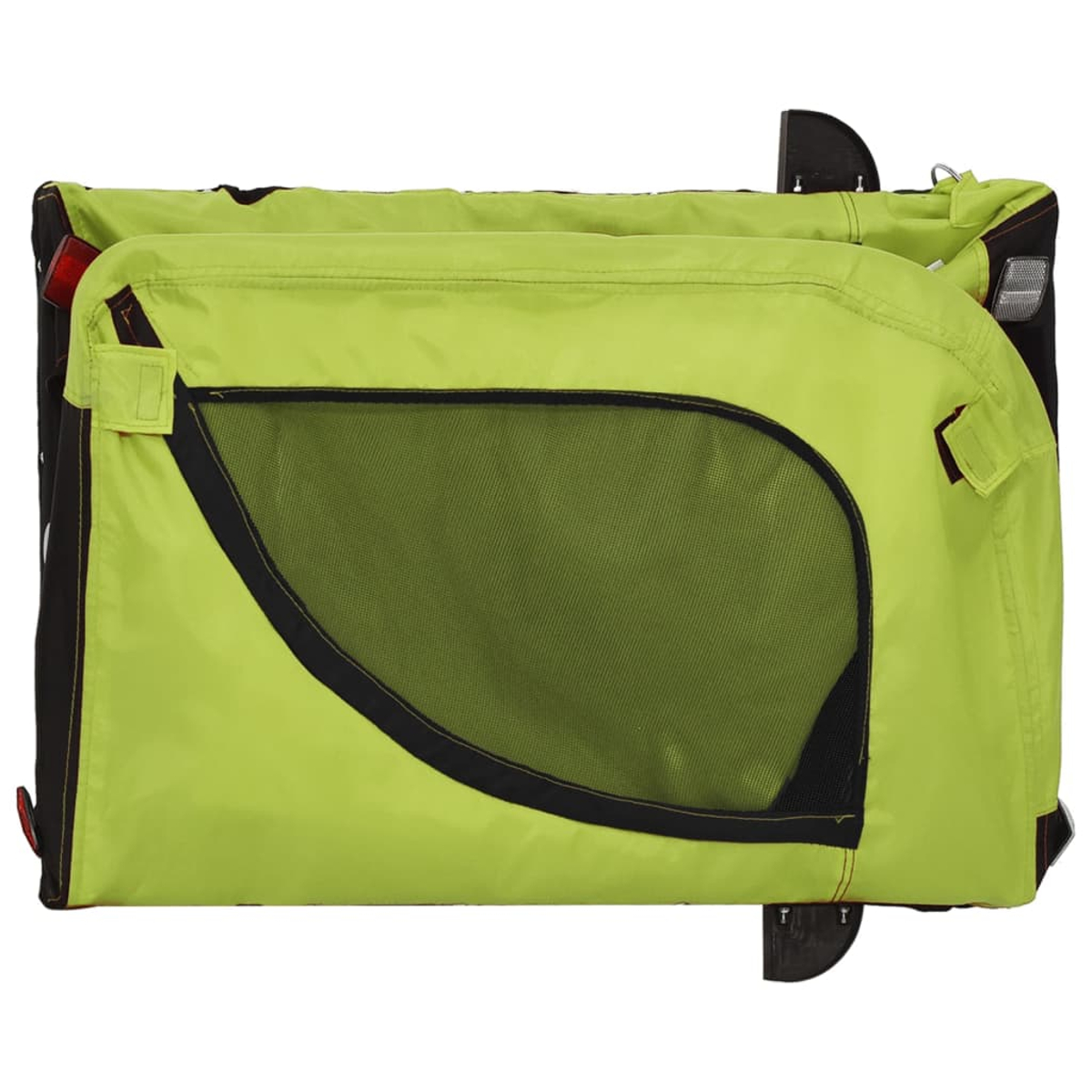 Ein zusammengeklappter, leuchtgrüner Kinderwagen mit schwarzem Netzfenster und Reflektoren.