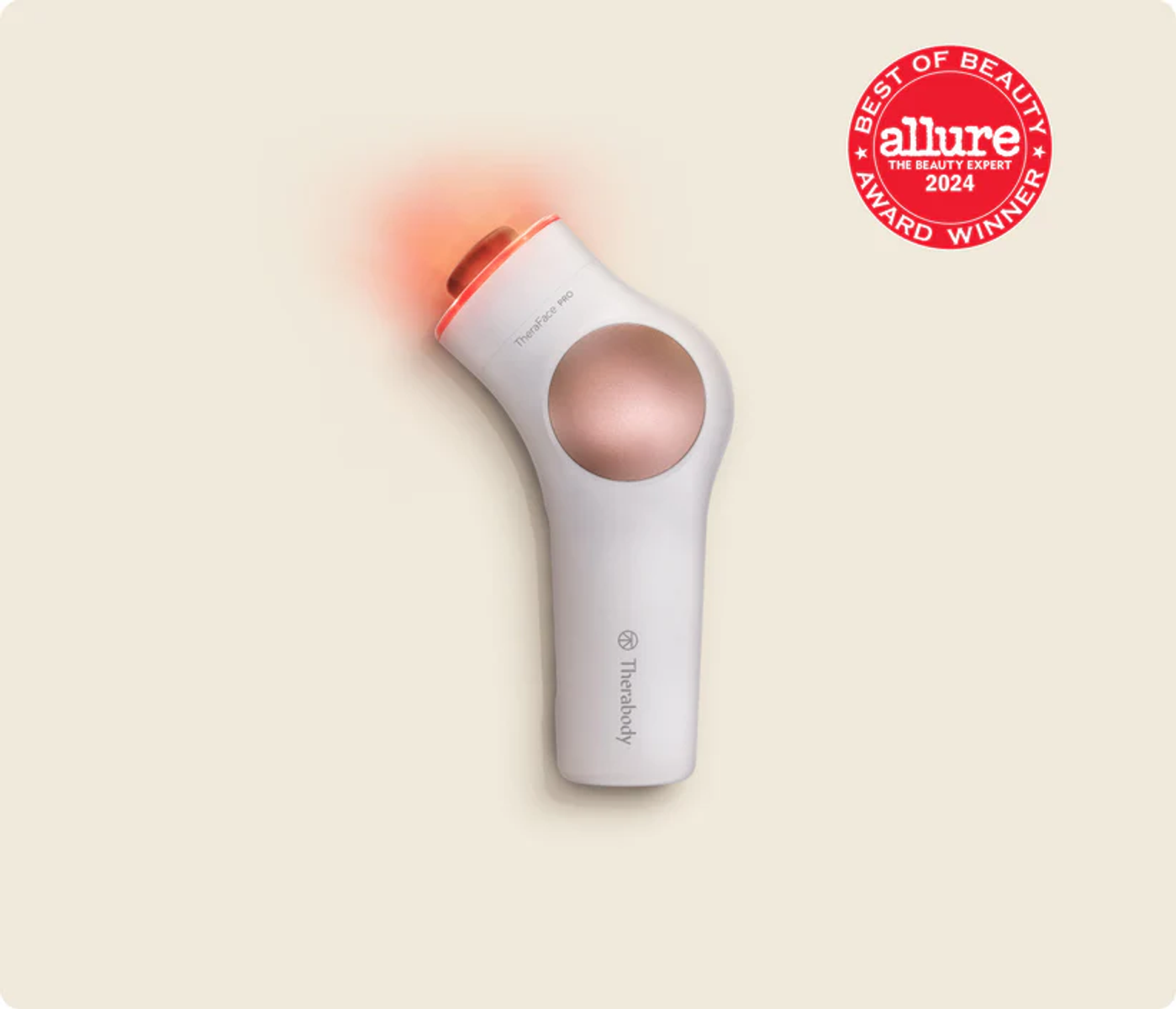 Un dispositivo facial blanco con luz roja y sello Allure Award.