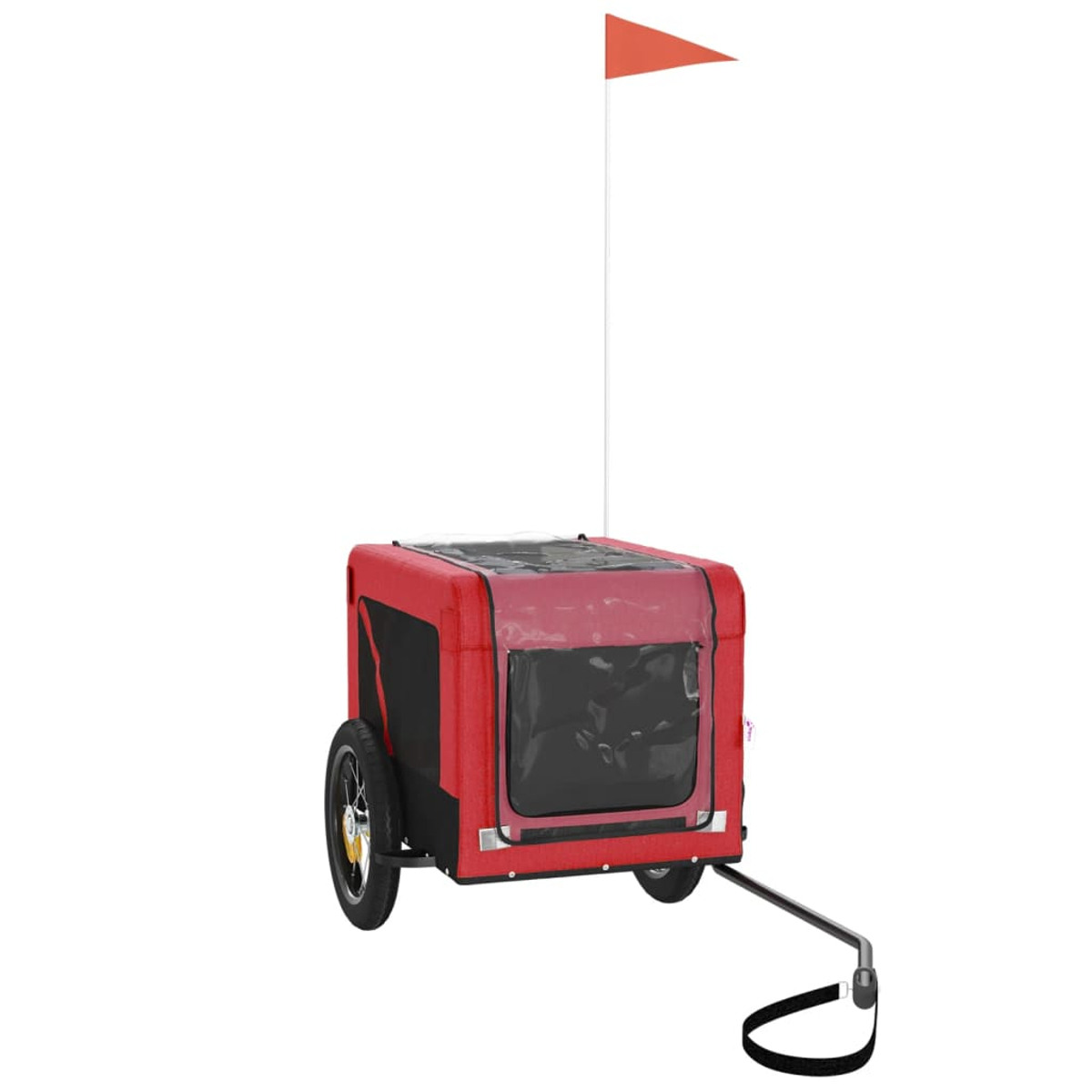 Ein roter Fahrradanhänger für Haustiere mit einem orangefarbenen Wimpel auf weißem Hintergrund.