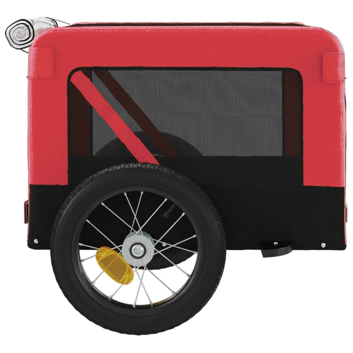 Roter Kinderwagenanhänger mit schwarzem Stoff und einem Rad mit Reflektor.