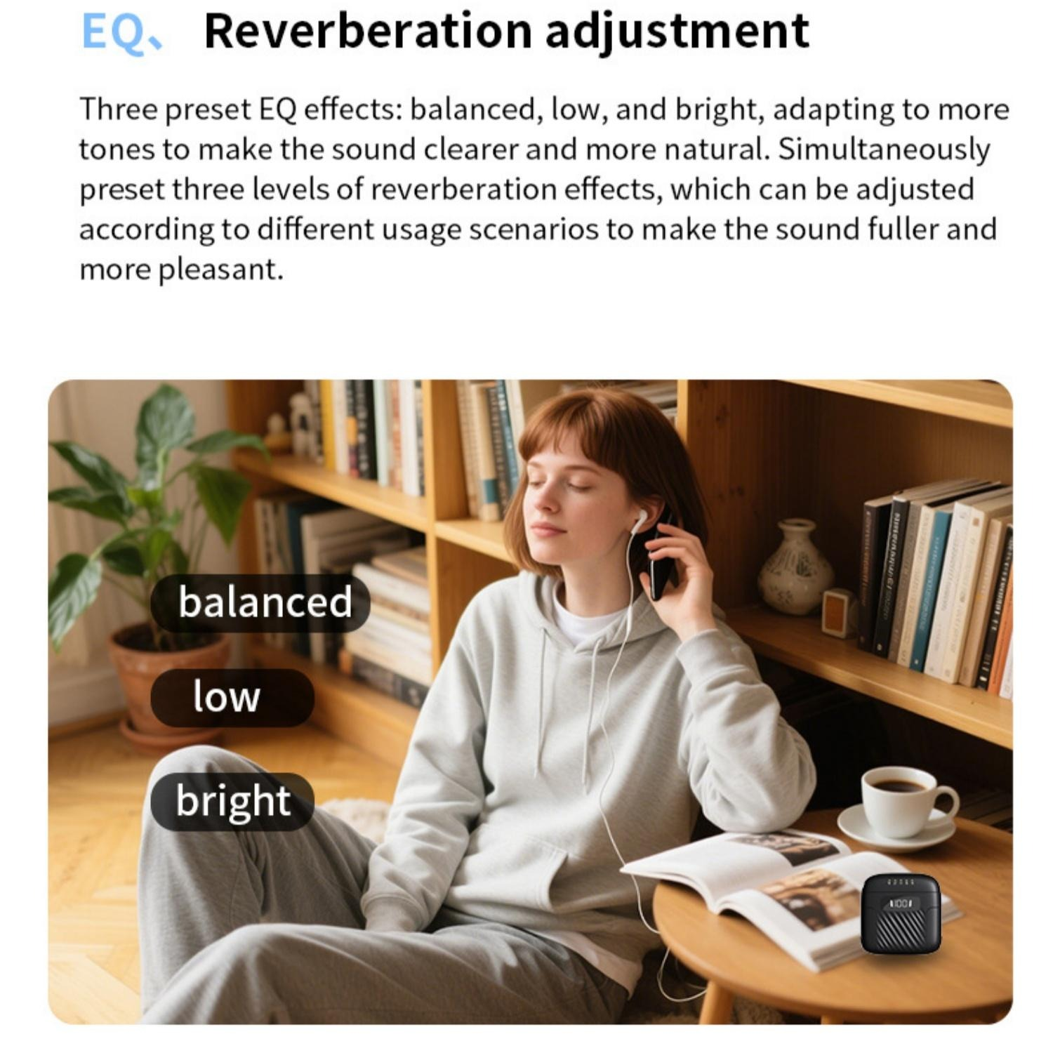 Frau mit Kopfhörern hört Musik, Optionen für EQ-Anpassung.