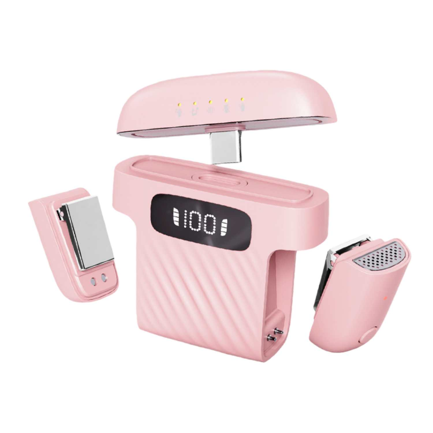 Ein rosa Haarentferner mit abnehmbaren Aufsätzen und einem digitalen Display.