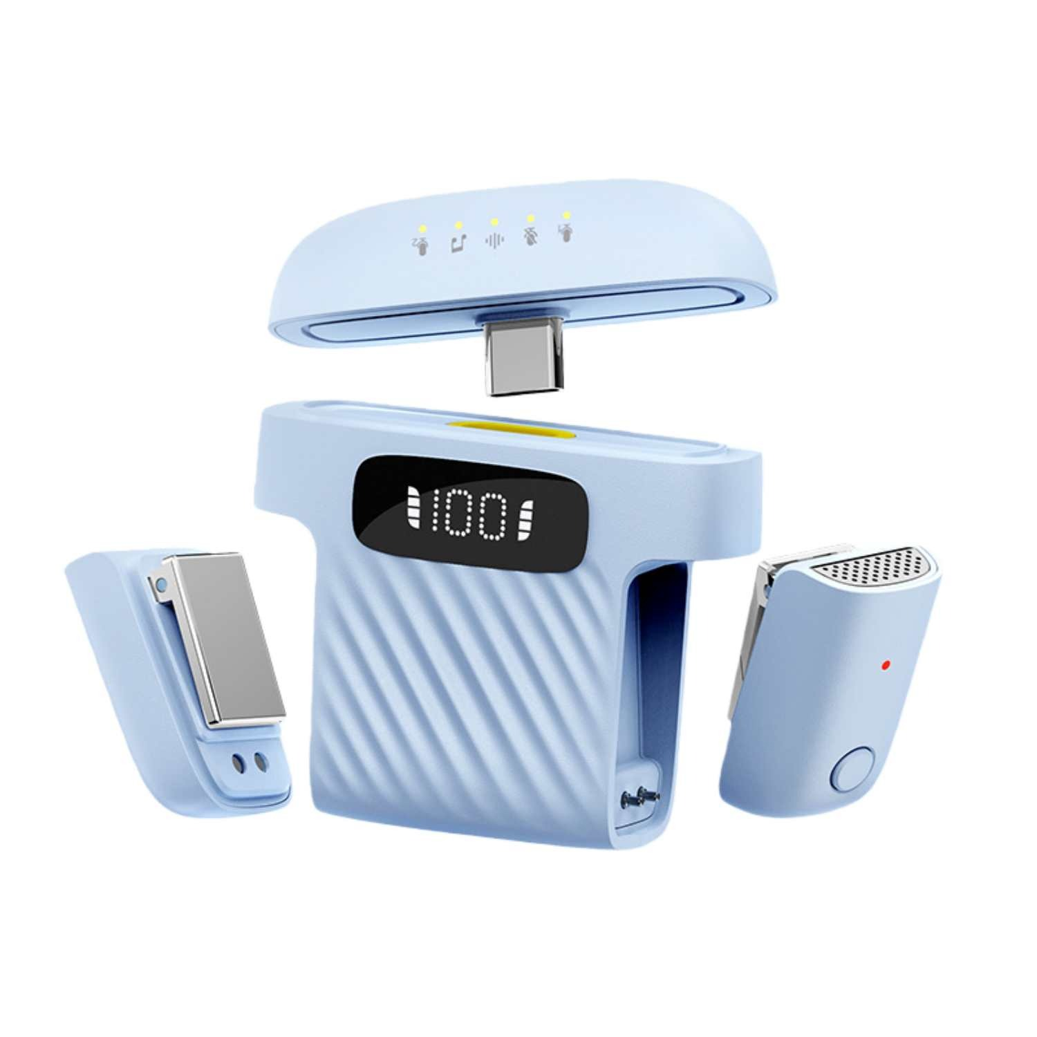 Ein blaues elektronisches Gerät mit USB-C-Anschluss und Digitalanzeige.