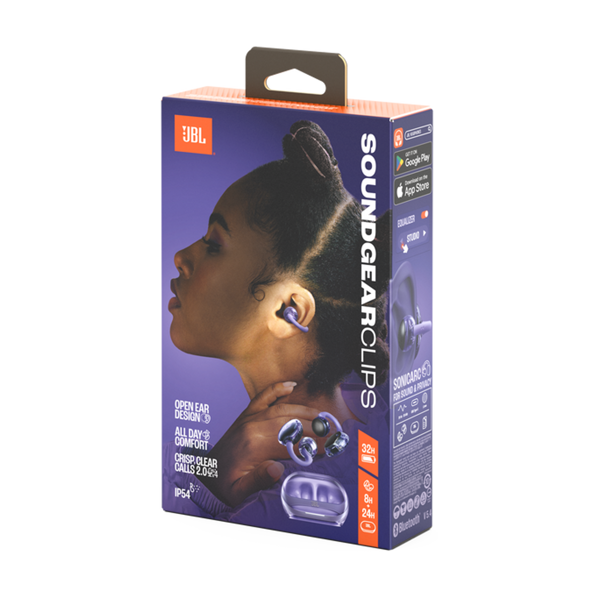 Opakowanie słuchawek JBL Soundgear Clips z wizerunkiem kobiety i słuchawek.