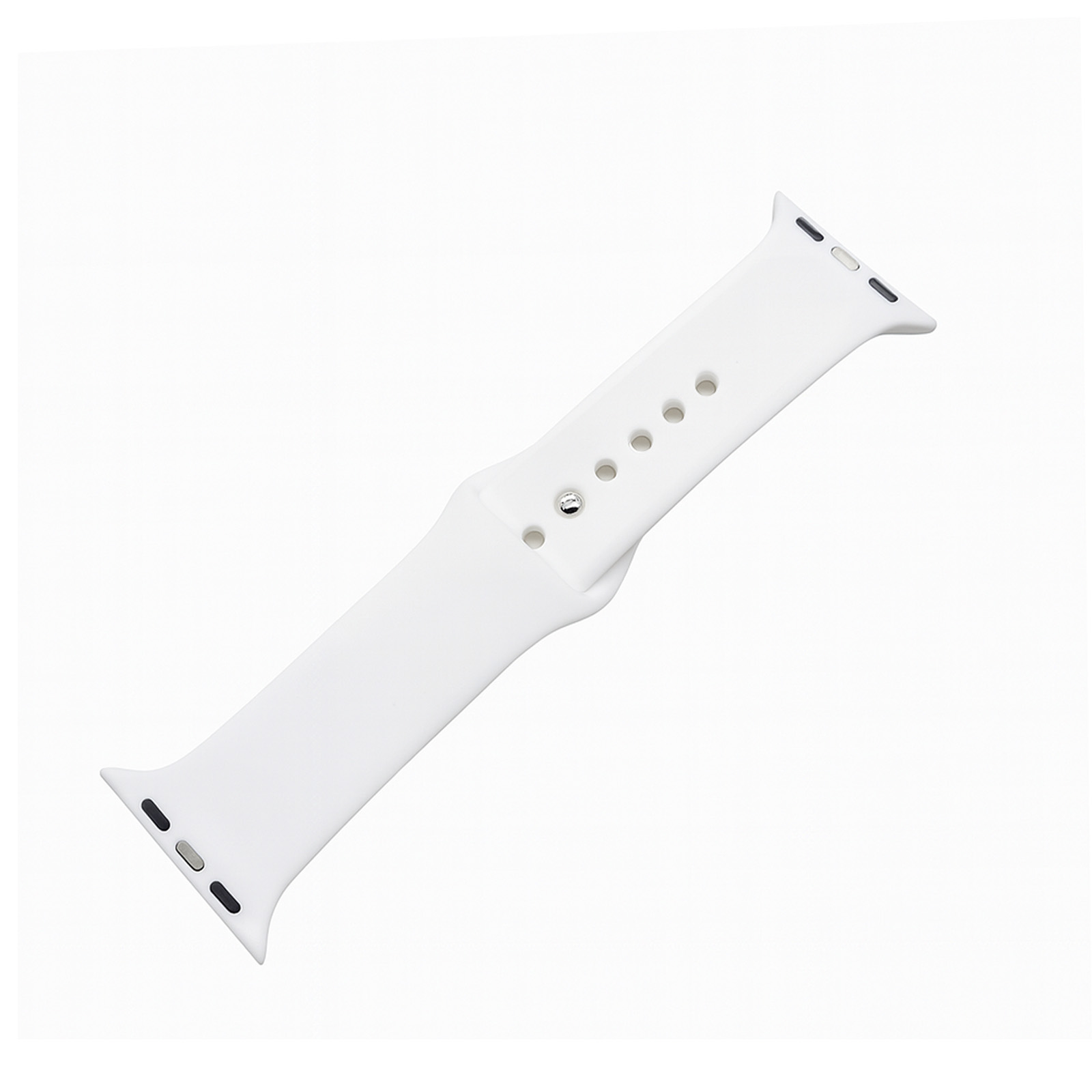 Ein weißes Uhrenarmband aus Silikon mit Stiften und Löchern.