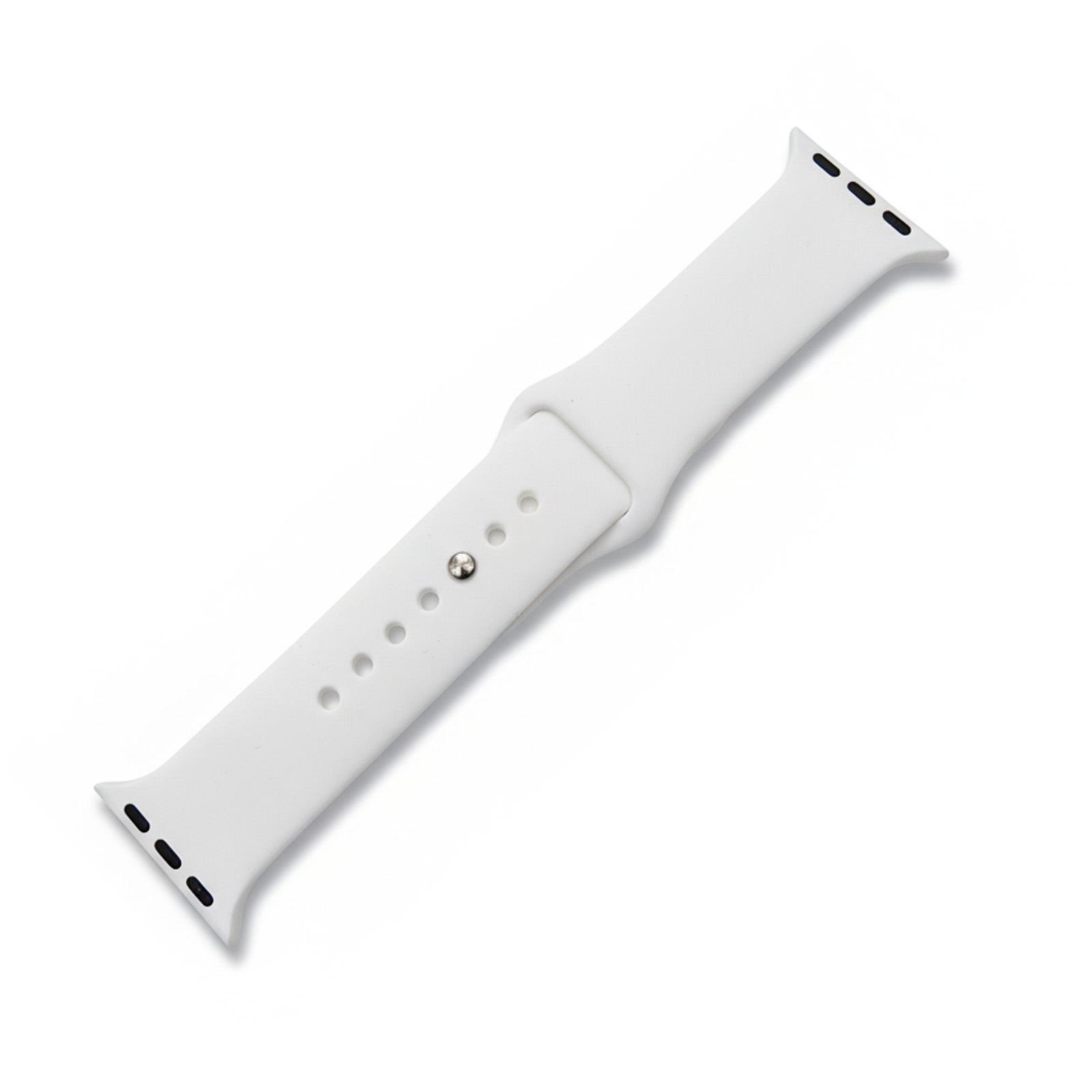 Ein weißes Uhrenarmband aus Silikon mit schwarzen Schlitzen und einem Metallknopf.