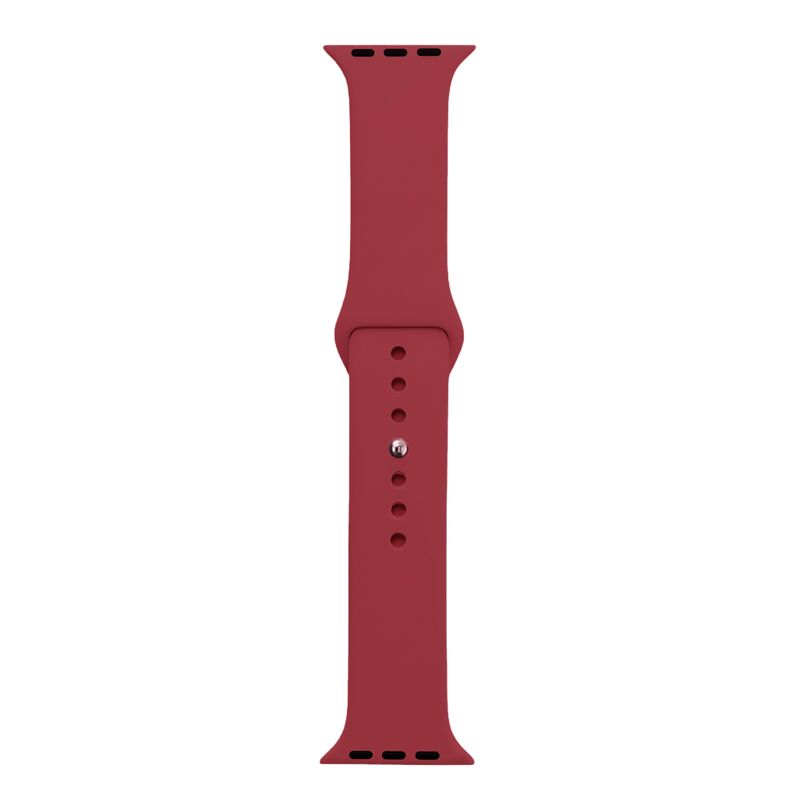 Ein rotes Uhrenarmband aus Silikon mit silbernem Stift und Löchern.