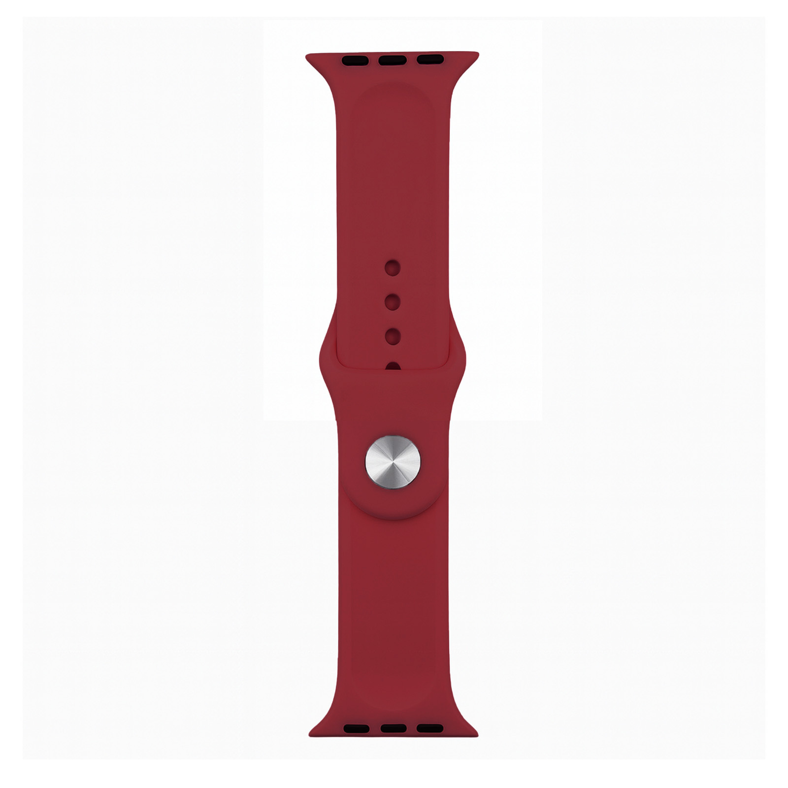 Eine rote Apple Watch Band mit silbernem Knopf und Löchern.