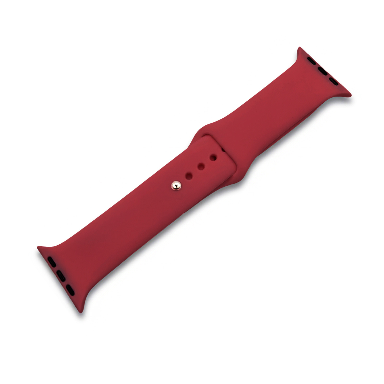 Ein rotes Armband für eine Smartwatch liegt auf weißem Hintergrund.